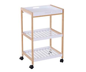 HOMCOM Kitchen Trolley, Bamboo/MDF board, 46Lx35Wx74.5H cm-White/Bamboo Colour