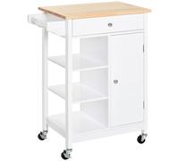 HOMCOM Kitchen Trolley with Wood Top, 3 Shelves, Drawer and Wheels, Compact Storage Unit, White Aosom UK