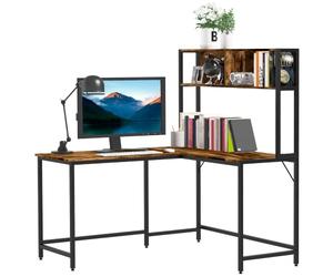 HOMCOM L Shaped Desk with Book Shelf Corner Computer Desk 140 x 125cm Brown | Industrial Style, Writing Table, Steel Frame, Home Office, Bedroom, Study Room