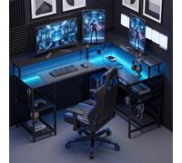 HOMCOM L Shaped Gaming Desk w/ LED Lights and Power Outlets, Black