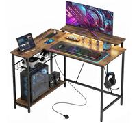 HOMCOM L Shaped Desk with LED Lights and Storage, Rustic Brown