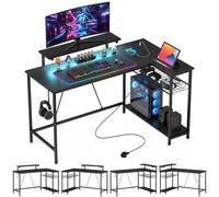 Homcom L Shaped Gaming Desk With Led Lights, Power Outlet And Storage, Black Black