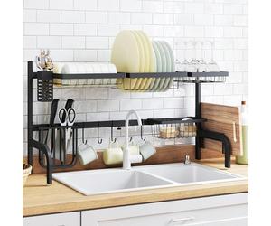 HOMCOM Large Dish Drainer Rack Over The Sink, 2 Tier Adjustable Dish Drainer 51-93cm, Space Saving Kitchen Counter Shelf Organiser, Black