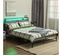 HOMCOM LED Single Bed Frame with Charging Station, 90 x 190cm, Cement Grey - Double