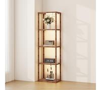 HOMCOM LED Floor Lamp with Glass Shelves, 4 Layers Dimmable Tall Standing Lamp, Modern Column Shelf Floor Light for Living Room, Bedroom, Office, Rustic Brown