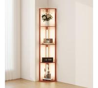 HOMCOM LED Floor Lamp with Shelves, 5-Tier Dimmable Standing Lamp with Adjustable Brightness and Foot Switch, Modern Corner Display Fan-Shaped Shelf Unit for Living Room Bedroom Office, Brown