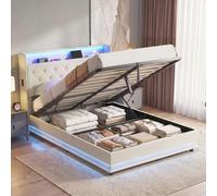 HOMCOM Lift up Storage Bed Frame with RGB LED Lights, 135 x 190cm, Cream | Size: Double HOMCOM Cream Double