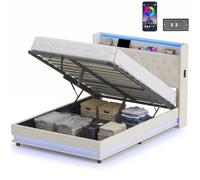 HOMCOM Lift up Storage Bed Frame with RGB LED Lights, 135 x 190cm, Cream | Size: Double HOMCOM Cream Double