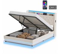 HOMCOM Lift up Storage Bed Frame with RGB LED Lights, 150 x 200cm, White in Cream | Size: King HOMCOM Cream King