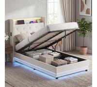 Homcom Lift Up Storage Bed Frame With Rgb Led Lights 90 X 190Cm Cream White