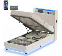HOMCOM Lift up Storage Bed Frame with RGB LED Lights 90 x 190cm Cream White | Size: Single HOMCOM Cream Single
