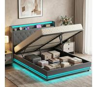 HOMCOM Lift up Storage Bed Frame with RGB LED Lights, Dark Grey - King