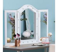 HOMCOM Trifold Freestanding Mirror, Lighted Tabletop Vanity Mirror Large Cosmetic w/16 LED Lights powered by batteries Foldable For Bedroom- White