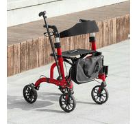 HOMCOM Folding Rollator Walker with Seat and Backrest for Seniors Red | Lightweight Walking Frame, Detachable Storage Bag, Brakes, Adjustable Handle Height, 4 Wheeled Walker, Handicapped