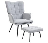 HOMCOM Living Room Chair with Footstool and Steel Legs, Light Grey - Light Grey - Linen(100% polyester), Sponge, Steel, Multi-layered board