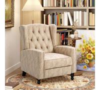 HOMCOM Manual Reclining Armchair with Footrest, Marble Effect Vintage Recliner Chair with Nail Head Trim, Button Tufted Wing Back and Wood Legs, Beige Beige