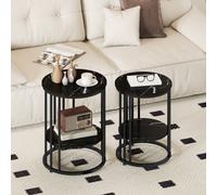 HOMCOM Marble-Effect Round Coffee Table Set of 2 for Living Room, Black - Large: 45cm, Small: 40cm - Steel, MDF - Coffee Table Set