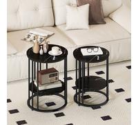 Homcom Marble-Effect Round Coffee Table Set Of 2 For Living Room, Black Black