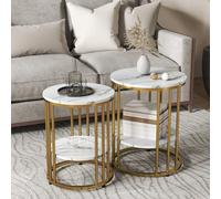 HOMCOM Marble-Effect Round Coffee Table Set of 2 for Living Room, Gold Tone