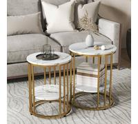 Homcom Marble-Effect Round Coffee Table Set Of 2 For Living Room, Gold Tone Gold One Size