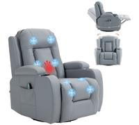 HOMCOM Massage Recliner Chair with 8 Vibration & Heat, PU Leather Recliner Armchair with Cup Holders and Side Pockets, Manual Reclining Chair with Remote, 360° Swivel, Rocking, Light Grey Light Grey