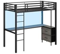 HOMCOM Metal Bunk Bed with Desk, High Sleeper Bed with LED Light and Safety Guardrail for Teens Adults, No Box Spring Needed