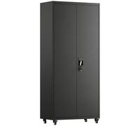 HOMCOM Metal Storage Cabinet, 180 cm Tall Lockable Steel Tool Cabinet with Removable Wheels and Adjustable Shelves, Black