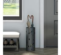 HOMCOM Metal Umbrella Stand, Hollowed Umbrella Basket with 4 Hooks and Drip Tray - Dark Grey