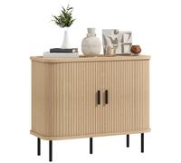 HOMCOM Mid-Century Modern Sideboard Storage Cabinet with Slatted Tambour Sliding Doors, Kitchen Cabinet with Steel Legs, Oak Tone Aosom UK