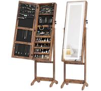 HOMCOM Mirrored Jewellery Cabinet W/ LED Light Lockable Jewellery Rustic Brown | TJ Hughes