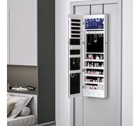 HOMCOM Door Hanging Mirror With Lockable Storage Organiser 6 Inner LED Lights White, Grey