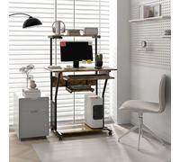 HOMCOM Mobile Computer Desk with Keyboard Tray, Rolling Study Table with Storage Shelves and Wheels, Industrial Writing Desk for Home Office, 80 x 50 x 130cm, Rustic Brown