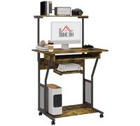 HOMCOM Mobile Computer Desk with Keyboard Tray 80 x 50 x 130cm Rustic Brown | Rolling Study Table, Storage Shelves and Wheels, Industrial Writing Desk, for Home Office