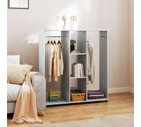 HOMCOM Double Open Wardrobe on Wheels, Bedroom Wardrobe with Clothes Hanging Rails, 3 Storage Shelves, Mobile Garment Rack for Cloakroom, Hallway, Grey