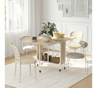 HOMCOM Mobile Drop Leaf Dining Table on Wheels with Storage Shelf - Natural wood finish