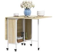 HOMCOM Mobile Drop Leaf Dining Table on Wheels with Storage Shelf - Natural wood finish