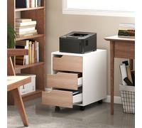 HOMCOM MDF Mobile File Cabinet w/ 3 Drawers Locking Wheels Metal Rails Oak Tone White - Oak