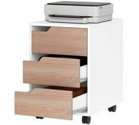 HOMCOM Mdf Mobile File Cabinet W/ 3 Drawers Locking Wheels Metal Rails Oak Tone White