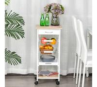 Mobile Rolling Kitchen Island Trolley for Home Metal Baskets Tray Shelves, White