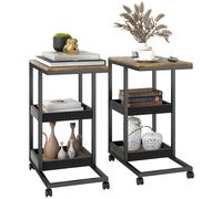 HOMCOM Mobile Sofa Side Table Set of 2, Industrial C-Shaped Rolling Couch Table with 3-Tier Storage Shelving Four Lockable Wheels Steel Frame, Dark Brown