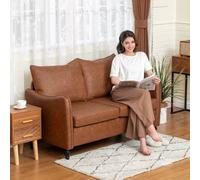 HOMCOM Two-Seater Sofa, Modern Small Sofa with Solid Wood Legs, Brown, Brown