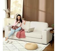 HOMCOM Modern 3 Seater Sofa with Spring Cushion, 210 cm Fabric Sofa Couch with Cup Holders, Upholstered Settee for Living Room, Bedroom, Home Office, Cream White Cream