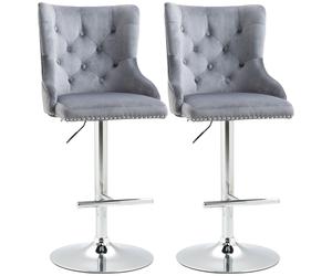 HOMCOM Modern Adjustable Bar Stools Set of 2, Swivel Velvet Barstools with Button Tufted Back, Footrest, Nailhead Trim for Home Bar, Grey