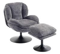 HOMCOM Modern Chenille Lazy Chair with Ottoman, 360° Swivel, Upholstered Reading Seat Set for Living Room, Dark Grey
