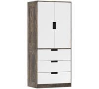 HOMCOM Modern Clothes Storage Cupboard Unit, 3 Drawer 2 Door Wardrobe with Hanging Rod, Rustic Brown