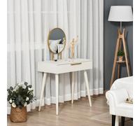HOMCOM Modern White Dressing Table with 2 Drawers & Round Mirror, Gold Accents, Rubber Wood Legs - 831-355