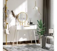 HOMCOM Modern Dressing Table w/ 2 Drawers Round Mirror for Bedroom White - White - 80cm x 40cm x 123cm