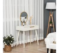 HOMCOM Modern White Dressing Table with 2 Drawers & Round Mirror, Gold Accents, Rubber Wood Legs - 831-355