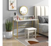 HOMCOM Vanity Dressing Table with Round Mirror, Modern Makeup Desk with Open Storage, Faux Marble & Steel Frame for Bedroom, White