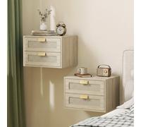 HOMCOM Modern Floating Nightstands Set of 2, 2 Drawers Bedside Tables, Oak